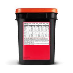 Large black and red emergency food storage bucket with orange lid and visible nutrition facts label