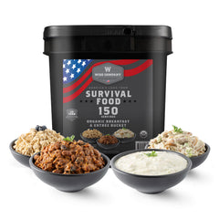 Wise Company survival food bucket with organic breakfast and entrées in bowls