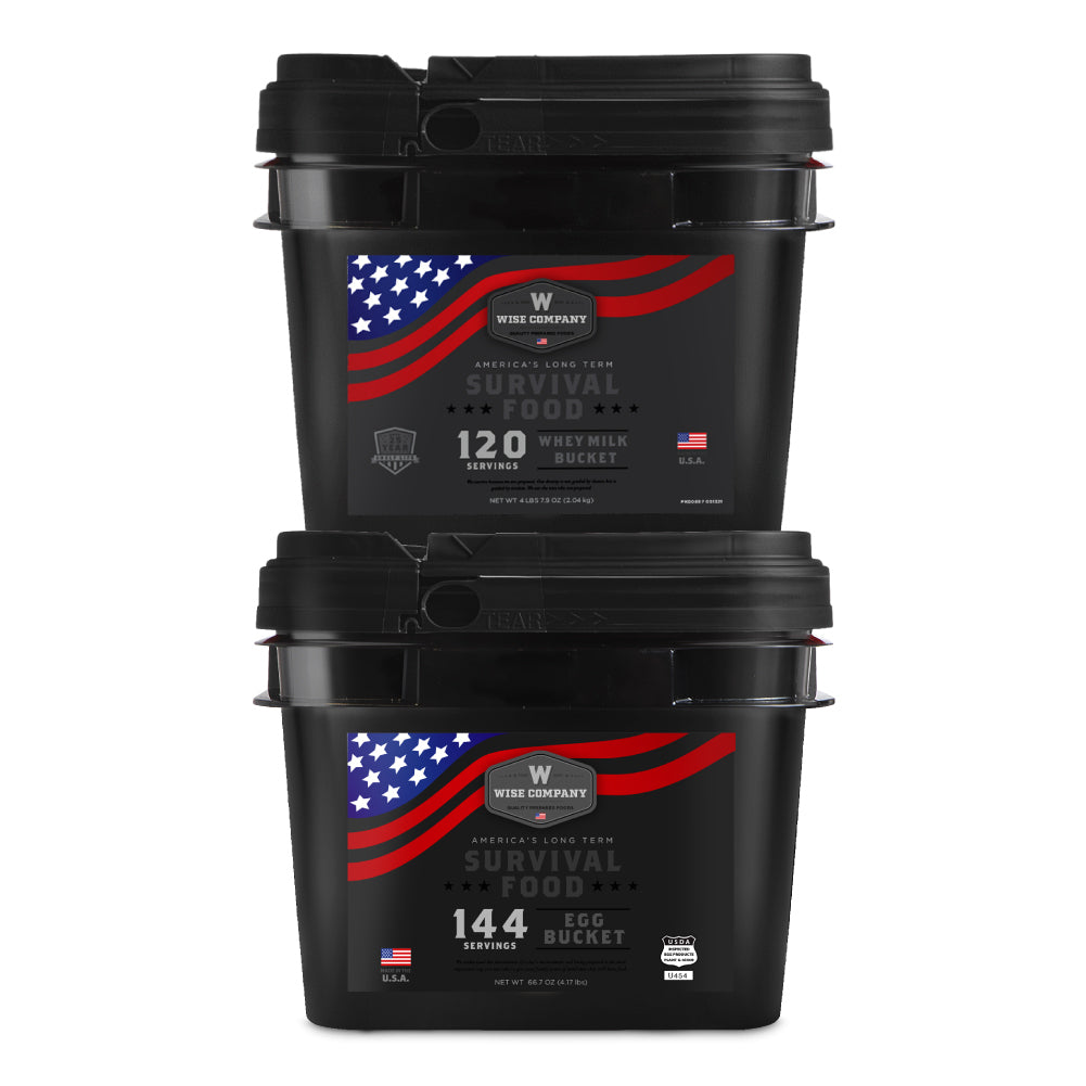 Wise Company survival food buckets with American flag, whey milk and egg bundle