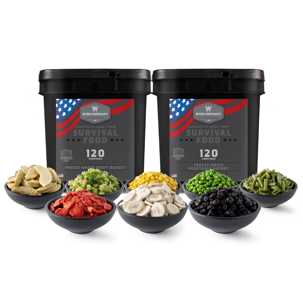 Survival food bundle with Wise Company freeze-dried fruit and vegetable buckets and bowls