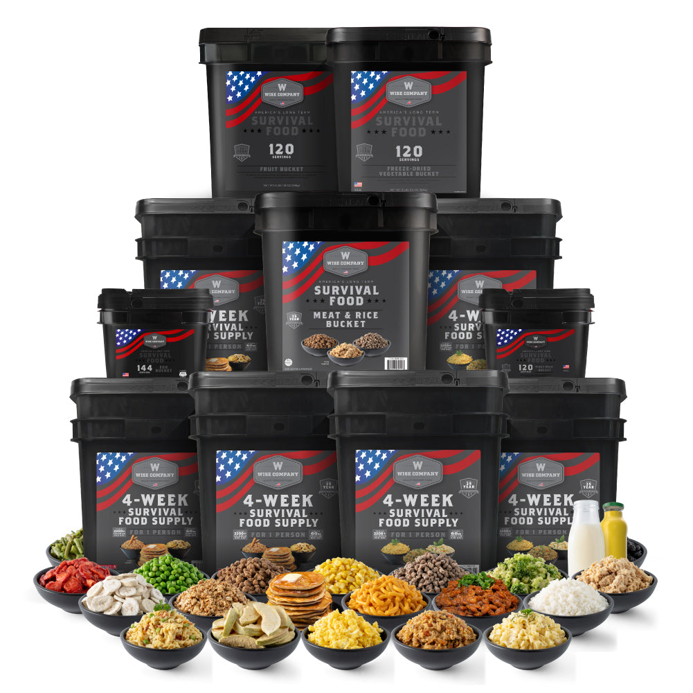 All American Patriot Bundle with stacked Wise Company survival food buckets, dried meals, and drinks