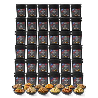Survival food storage buckets stacked with assorted ready meals in bowls in front