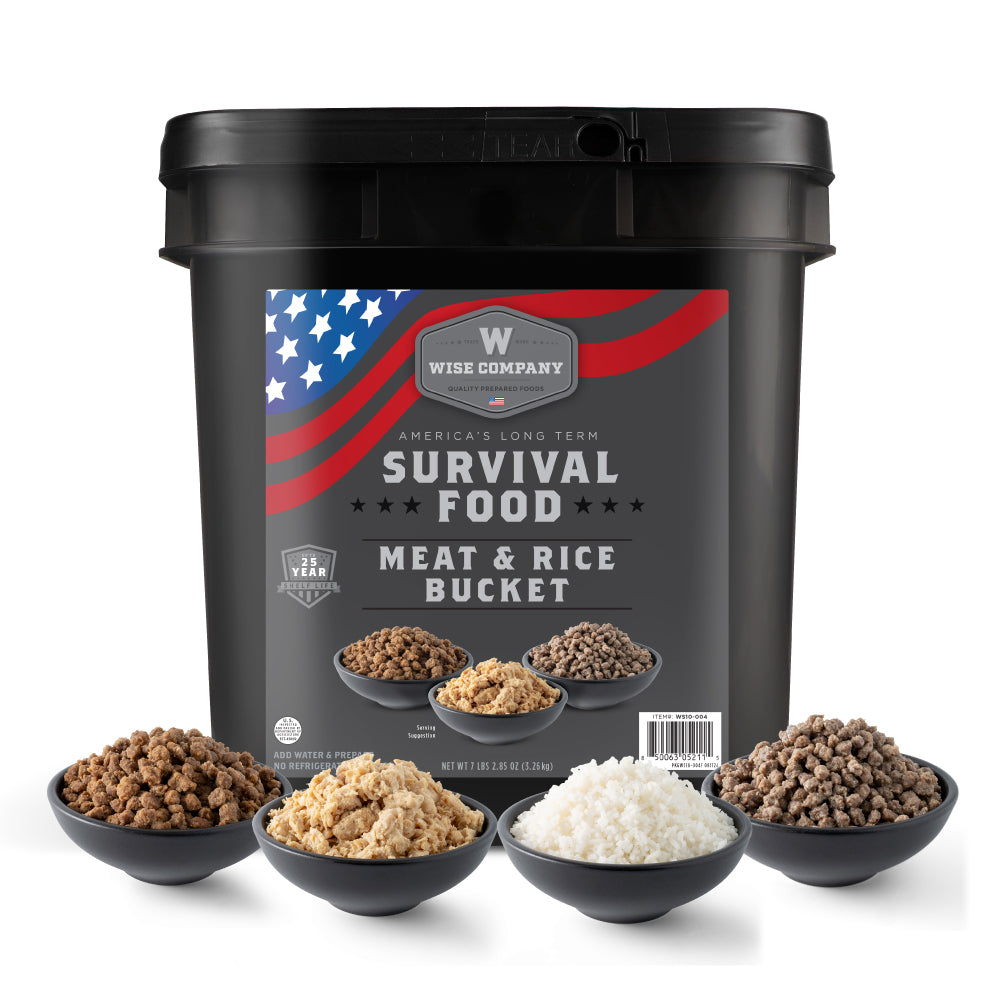 Wise Company Survival Food Meat & Rice Bucket with bowls of freeze-dried meat and rice