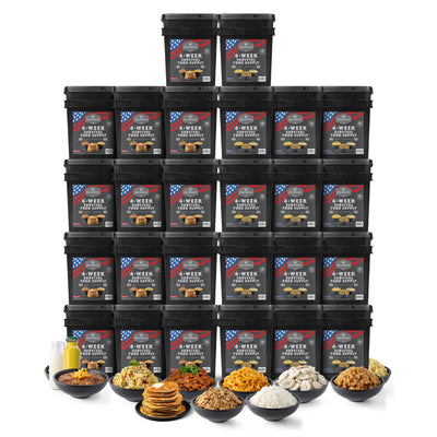 Stack of 4-week emergency food supply buckets with assorted survival meals in bowls in front