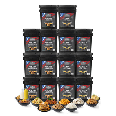 6-month bundle of 4-week survival food supply buckets with assorted meals in bowls