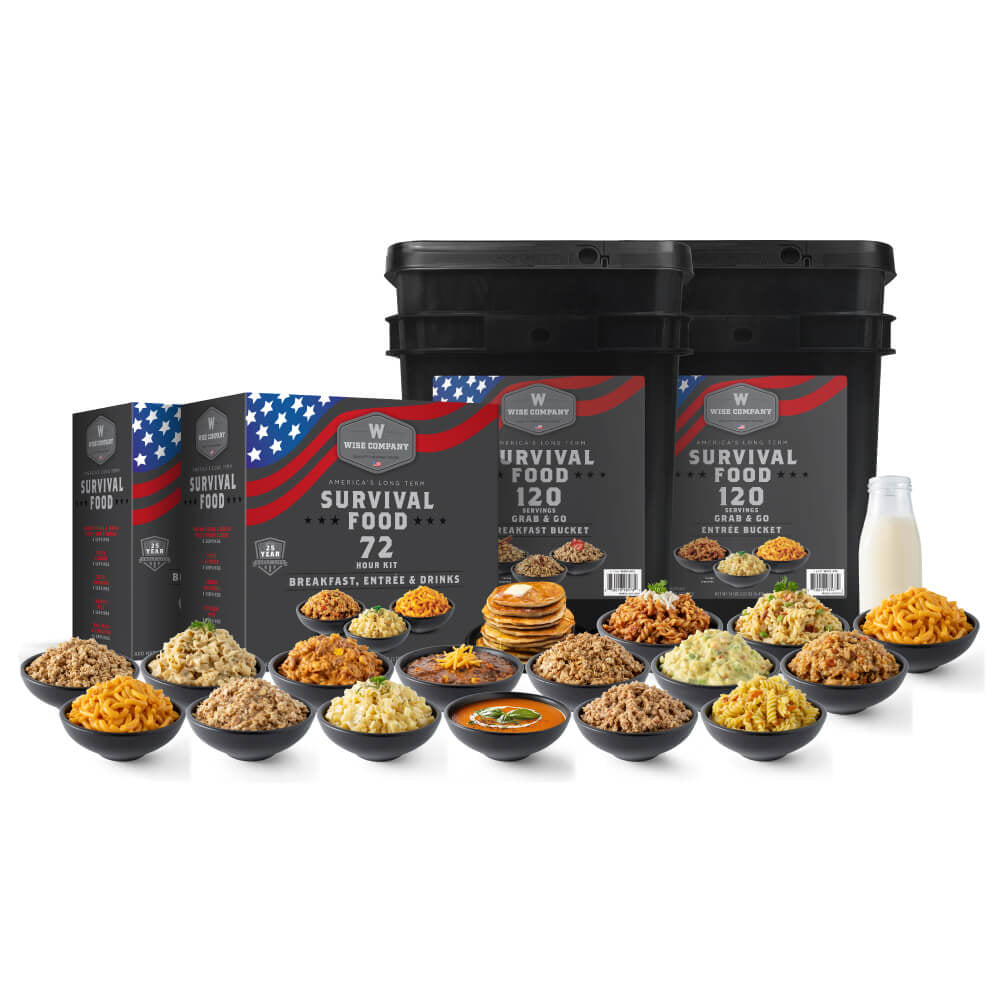 Survival food kits with Wise Company branding, emergency food buckets, and assorted meals in bowls.
