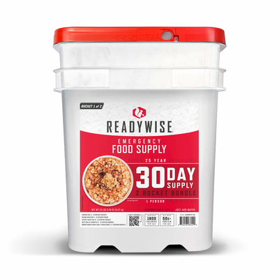 ReadyWise emergency food supply 30 day bucket with red lid and product label front view