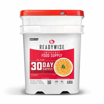 ReadyWise emergency food supply 30-day supply bucket with red lid and product label front view