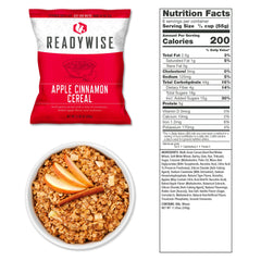 ReadyWise Apple Cinnamon Cereal package, bowl of cereal with apple slices, and nutrition facts