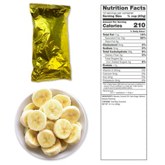 Banana chips in a white bowl, gold foil snack bag, and nutrition facts label