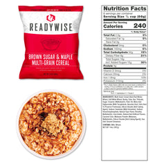 ReadyWise brown sugar maple multi-grain cereal package, nutrition facts, and cereal bowl.