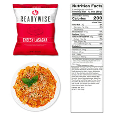 ReadyWise Cheesy Lasagna freeze-dried meal, nutrition facts, and plated pasta with cheese