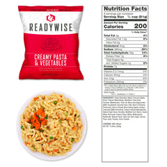 ReadyWise creamy pasta and vegetables freeze-dried meal, nutrition facts, and plated food