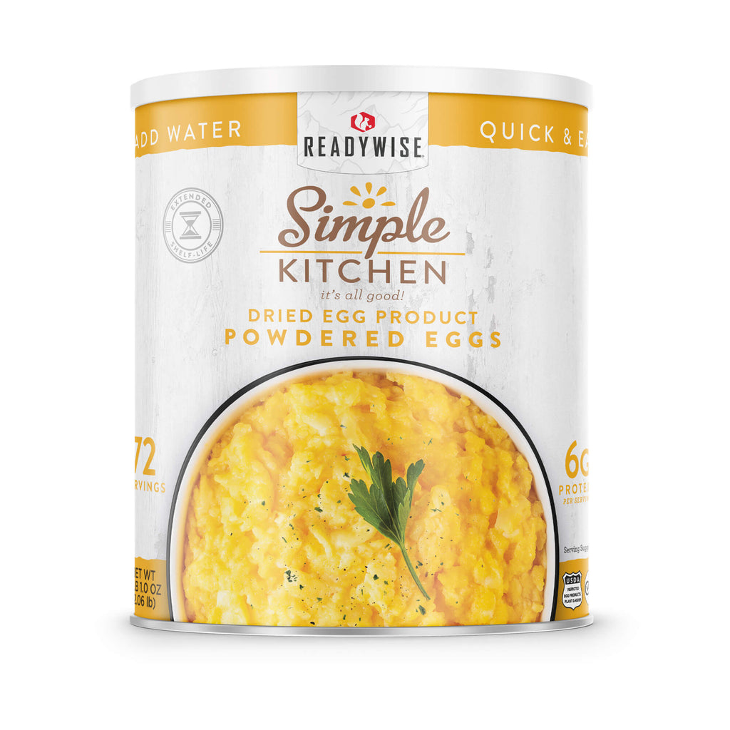 ReadyWise Simple Kitchen powdered eggs can with scrambled eggs image on label