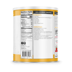 Back of powdered eggs container with nutrition facts, crepe recipe, and ingredients list