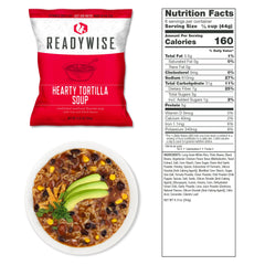 ReadyWise Hearty Tortilla Soup package, nutrition facts, and a bowl of soup with avocado slices