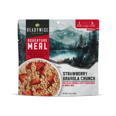 ReadyWise Adventure Meal Strawberry Granola Crunch pouch, rolled oat granola with strawberries, mountain landscape packaging