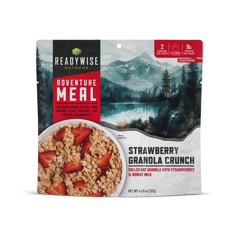 ReadyWise Adventure Meal Strawberry Granola Crunch pouch, rolled oat granola with strawberries, mountain landscape packaging