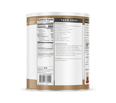 Back of Simple Kitchen Freeze Dried Seasoned Beef Patty Crumbles can showing nutrition facts, ingredients, taco soup recipe, and preparation instructions.