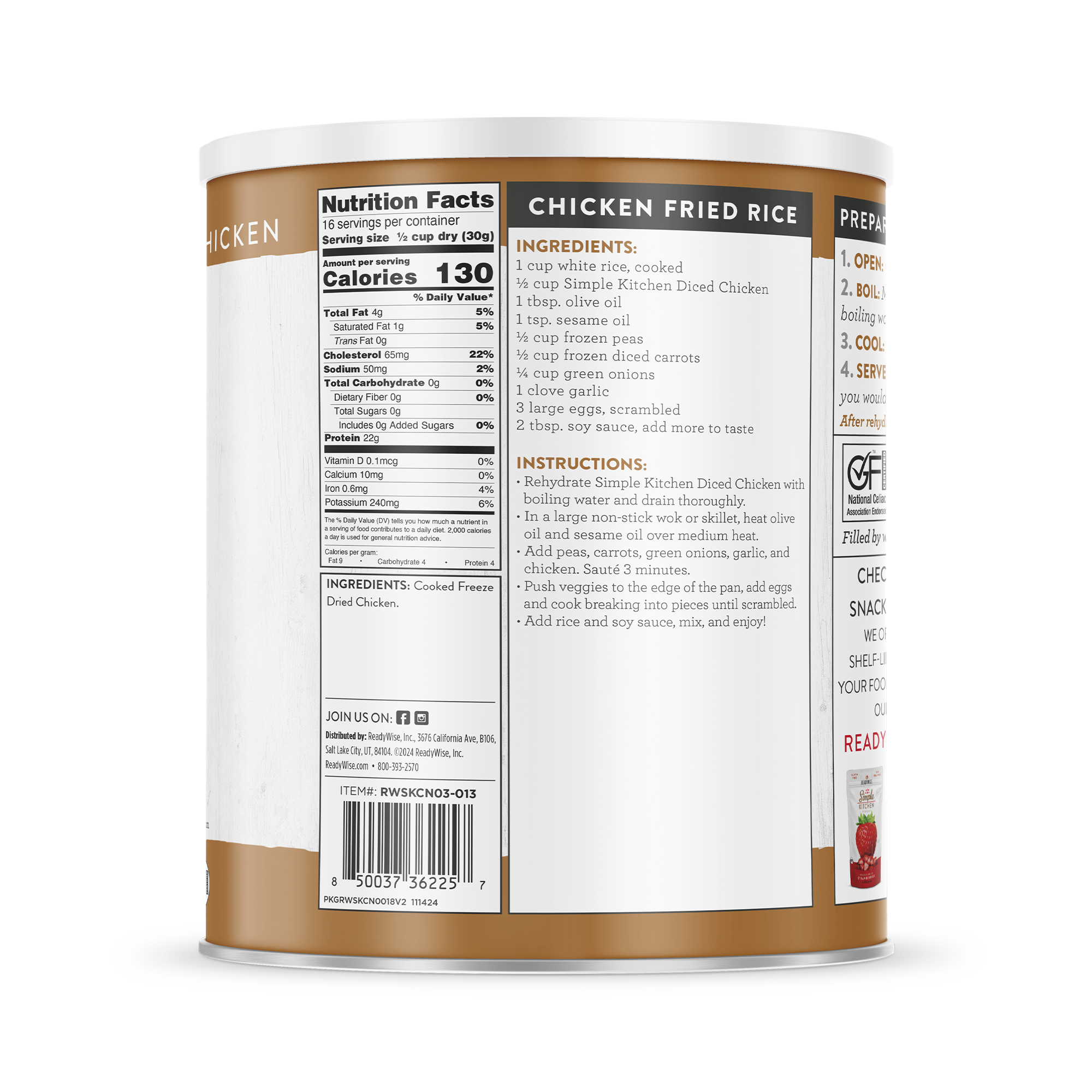 Back of freeze dried diced cooked chicken can with nutrition facts and chicken fried rice recipe.