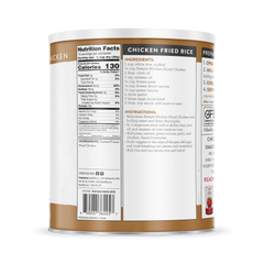 Back of freeze dried diced cooked chicken can with nutrition facts and chicken fried rice recipe.