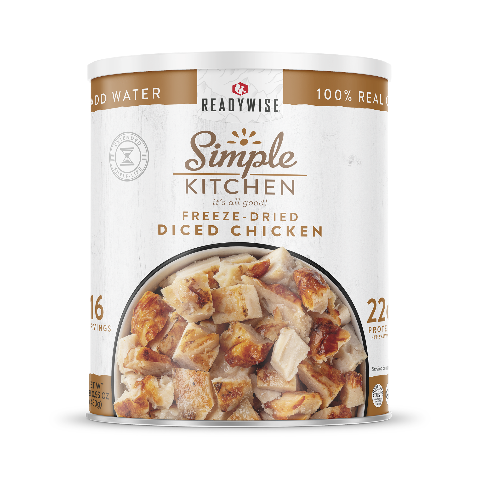 ReadyWise Simple Kitchen freeze-dried diced chicken can front view, 16 servings