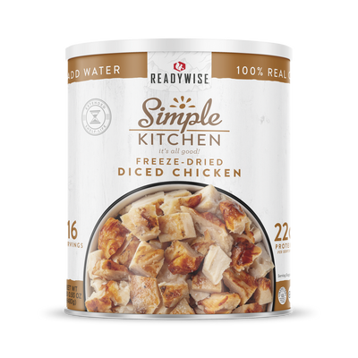 ReadyWise Simple Kitchen freeze-dried diced chicken can front view, 16 servings