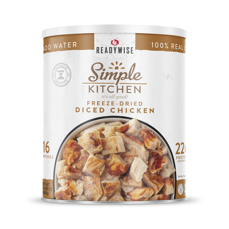 ReadyWise Simple Kitchen freeze-dried diced chicken can front view, 16 servings