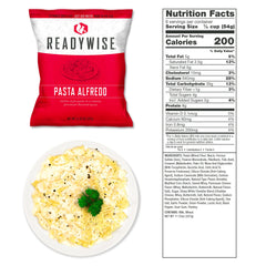 ReadyWise Pasta Alfredo freeze dried meal with nutrition facts and plated creamy pasta