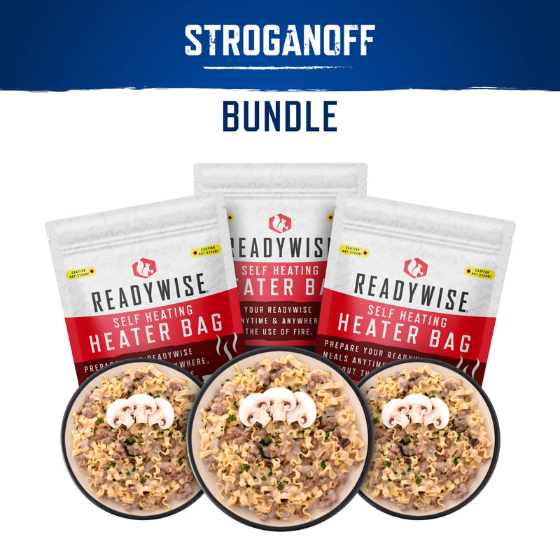 ReadyWise stroganoff self-heating meal bundle with bowls of pasta and heater bags