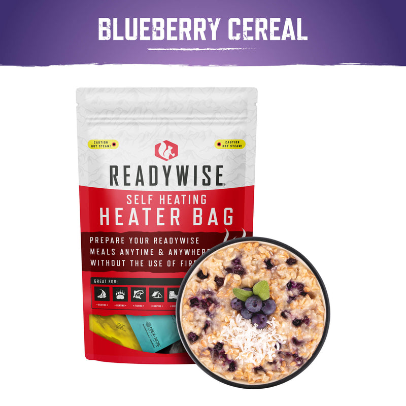 ReadyWise self heating heater bag with coconut blueberry multi-grain cereal bowl