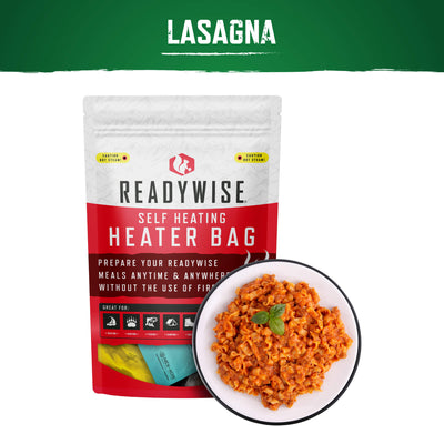 ReadyWise self-heating lasagna with sausage meal pouch and plate of lasagna