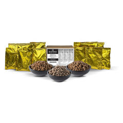 ReadyWise meats and sauces kit with gold pouches and bowls of freeze-dried food