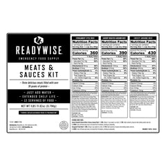 ReadyWise Emergency Food Supply Meats & Sauces Kit nutrition facts and preparation instructions label