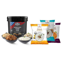 ReadyWise survival food bucket with 3 soup bowls and assorted freeze-dried meal packs