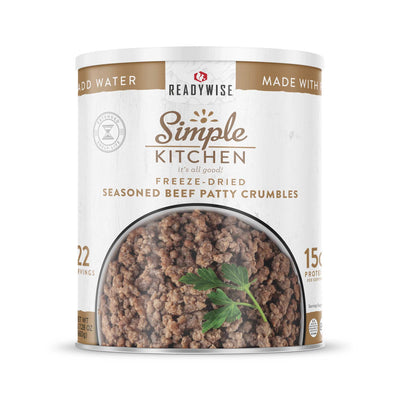 ReadyWise Simple Kitchen freeze-dried seasoned beef patty crumbles can front view