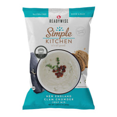 ReadyWise Simple Kitchen New England Clam Chowder soup mix bag with soup bowl and bread