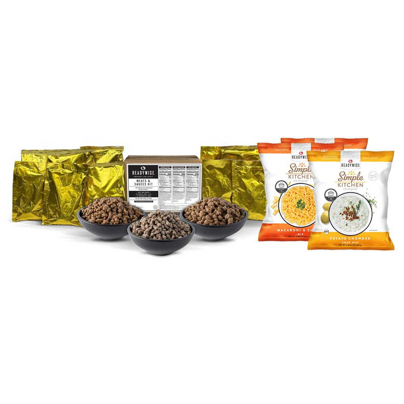 ReadyWise emergency food kit with freeze-dried meats and pasta in gold pouches and bowls