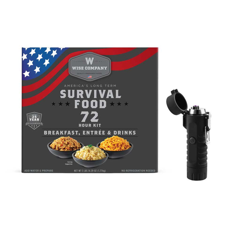 Wise Company Survival Food 72 hour kit with emergency lighter, packaged meals visible