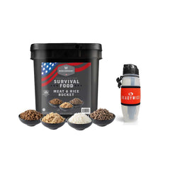 ReadyWise survival food bucket with assorted meat and rice bowls and water bottle