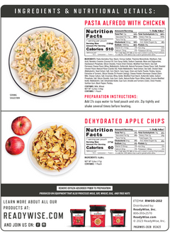 Pasta Alfredo with chicken and dehydrated apple chips nutrition and ingredients labels