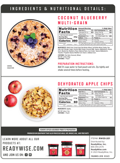 Coconut blueberry multi-grain cereal and dehydrated apple chips nutrition info and images.