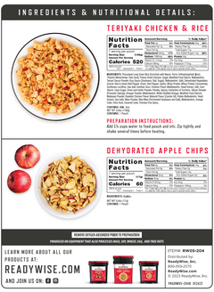 Teriyaki chicken and rice meal with nutrition facts, dehydrated apple chips, and ingredient details.