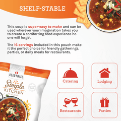 Simple Kitchen Chicken Tortilla Soup Mix pouch with soup bowl, crackers, and icons for catering, lodging, restaurants, and parties, highlighting shelf-stable foodservice option.