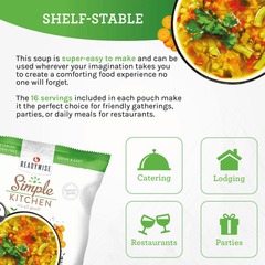 ReadyWise Simple Kitchen garden vegetable soup pouch with bowl, highlighting shelf-stable, easy prep, 16 servings, and uses for catering, restaurants, lodging, and parties.