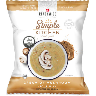 ReadyWise Simple Kitchen cream of mushroom soup mix package with bowl, mushrooms, and bread