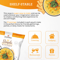 ReadyWise Simple Kitchen broccoli cheese soup bowl, crackers, and foodservice pouch with catering, lodging, restaurants, and parties icons.