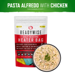 Readywise Pasta Alfredo with Chicken self-heating meal next to a bowl of creamy pasta.