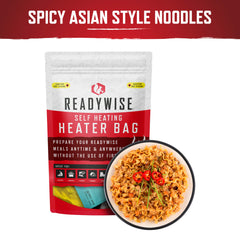 ReadyWise self-heating spicy Asian style noodles in a bowl with chili garnish