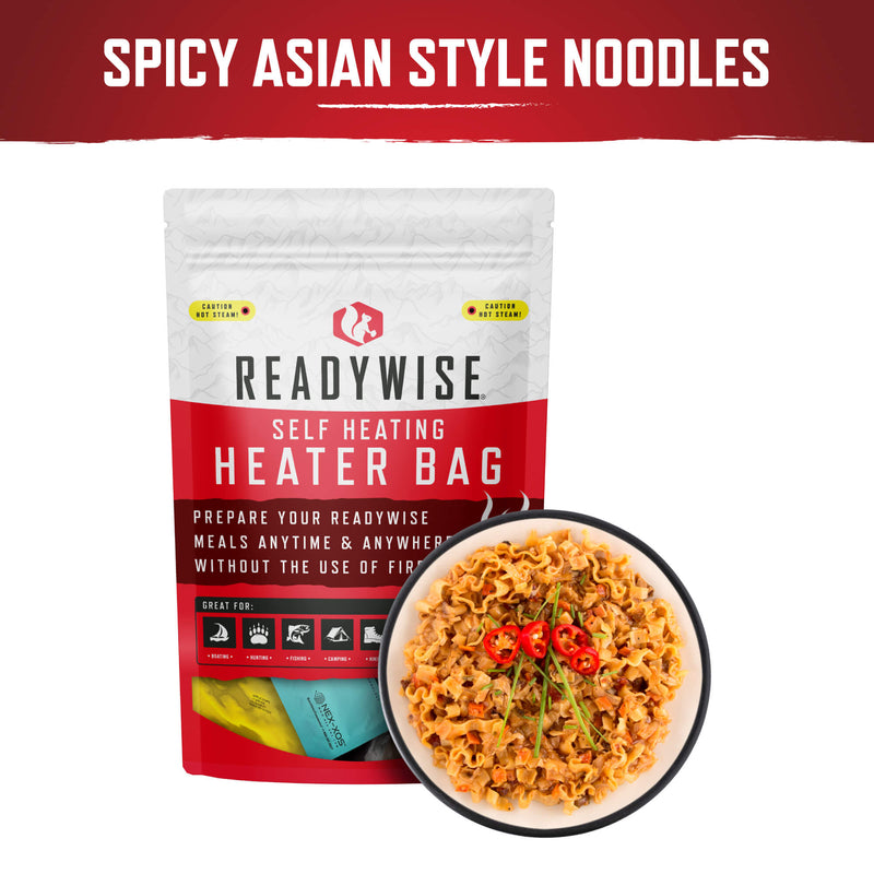 ReadyWise self-heating spicy Asian style noodles in a bowl with chili garnish